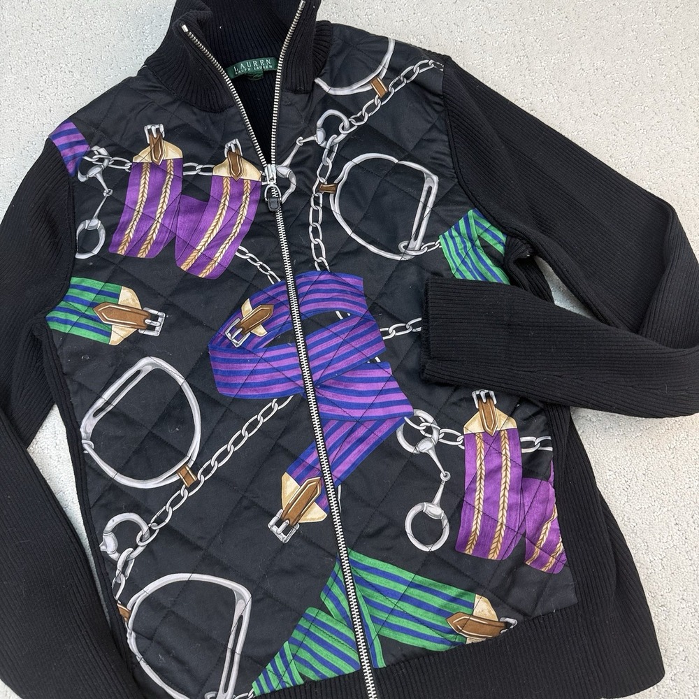 VTG 90s Ralph Lauren Quilted Equestrian Full Zip Sweater Jacket Old Money Sz M